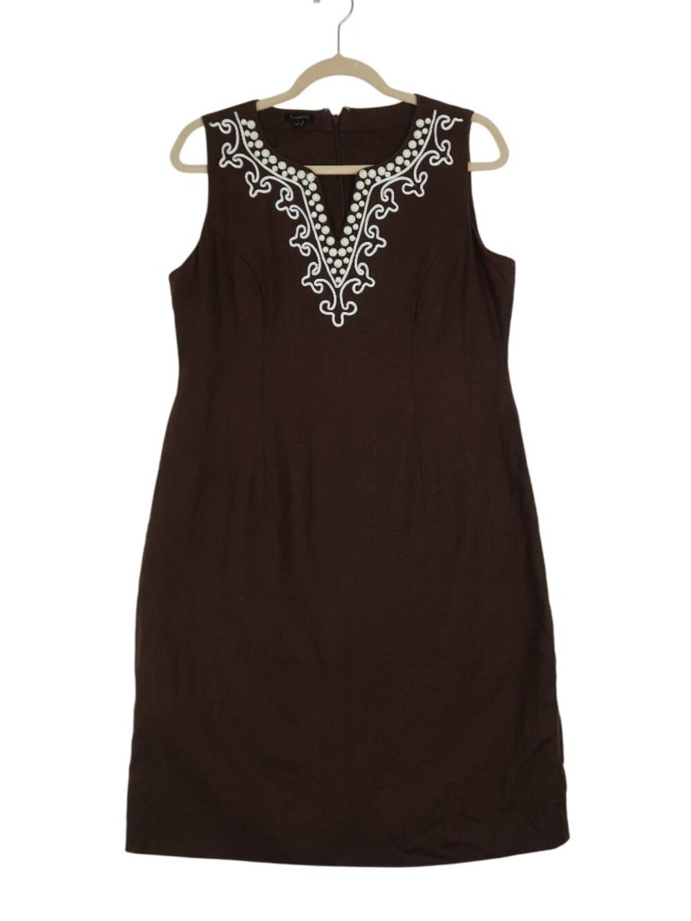 Talbots 8 Brown Embroidered Sheath Dress Sleeveless Linen - Picture 2 of 9